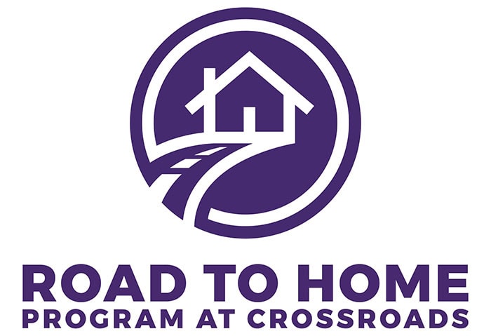 Logo with a purple house and road inside a circle above bold text reading "Road to Home Program at Crossroads.