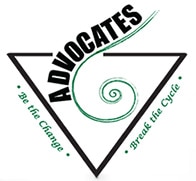 A triangle logo with the word "ADVOCATES" in bold letters, a spiral design, and the phrases "Be the Change" and "Break the Cycle" along the sides.