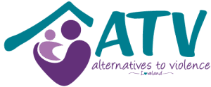 Logo for Alternatives to Violence featuring stylized figures of an adult and child inside a house shape, with the text "ATV alternatives to violence Loveland.