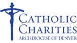 Logo of Catholic Charities Archdiocese of Denver, featuring a blue crucifix design to the left of the organization's name in blue text.