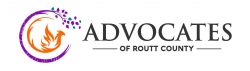 Logo for Advocates of Routt County featuring a stylized purple and orange circular design with a bird and leaves next to the organization name in black text.