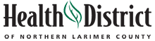 Logo for the Health District of Northern Larimer County, featuring a green leaf between the words "Health" and "District.