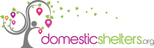 Logo for domesticshelters.org featuring a tree with location markers and green leaves, alongside the website name in purple and green text.