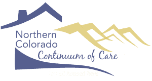 Logo for Northern Colorado Continuum of Care featuring a stylized blue house and yellow mountains with the tagline “It’s all housed here.”.