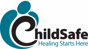 ChildSafe logo with stylized abstract figure and text that reads "ChildSafe Healing Starts Here" on a transparent background.