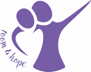 Abstract purple graphic of two figures embracing, with one arm extended upward. The words "room 4 hope" are written in cursive on the left side.