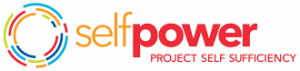 Logo for "Self Power: Project Self Sufficiency" with colorful circular lines on the left and the text in orange and red on a light beige background.