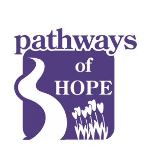 A purple square logo with "pathways of HOPE" text, a white curving path on the left, and a cluster of white tulips at the bottom right.