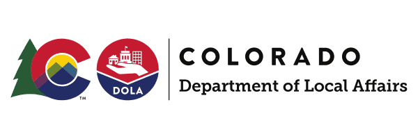 Logo for the Colorado Department of Local Affairs, featuring a stylized mountain, pine tree, and a hand holding a cityscape with the text "DOLA.
