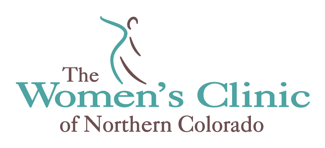 Logo for The Women's Clinic of Northern Colorado, featuring stylized text and an abstract outline of a woman's figure in teal and burgundy—perfect for events Fort Collins or those seeking events near me with a focus on women's health.