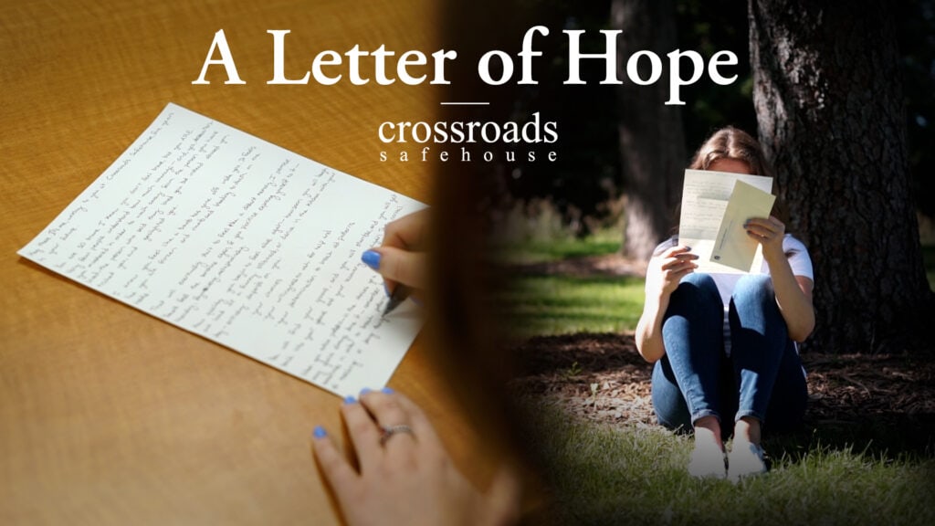 A person writes a handwritten letter on a table; another person sits outdoors reading a letter. Text reads 