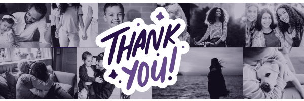 A collage of black-and-white photos showing people smiling, hugging, and spending time together, with "THANK YOU!" written in bold, purple letters in the center.