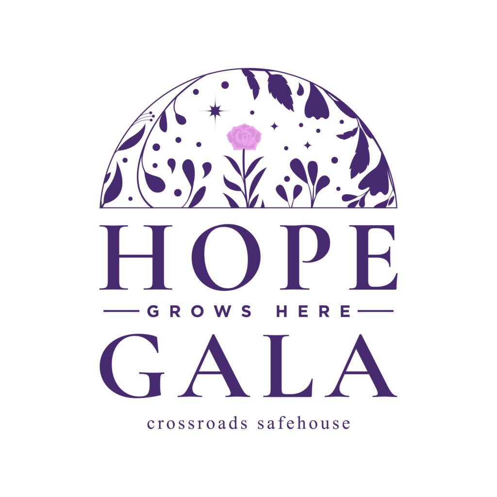 Logo for the Hope Gala by Crossroads Safehouse featuring a pink rose, stylized leaves, and the words "Hope Grows Here" in purple text—an inspiring event encouraging you to give money and support local causes.