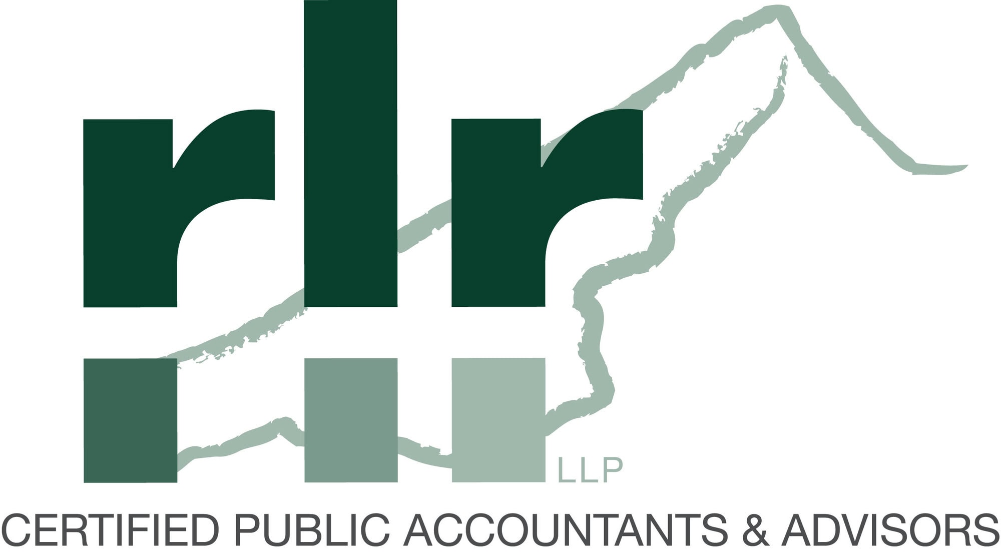 Logo for rlr LLP, Certified Public Accountants & Advisors, with stylized green letters and a faint outline of a mountain or landscape in the background—perfect for promoting fundraising or event services.