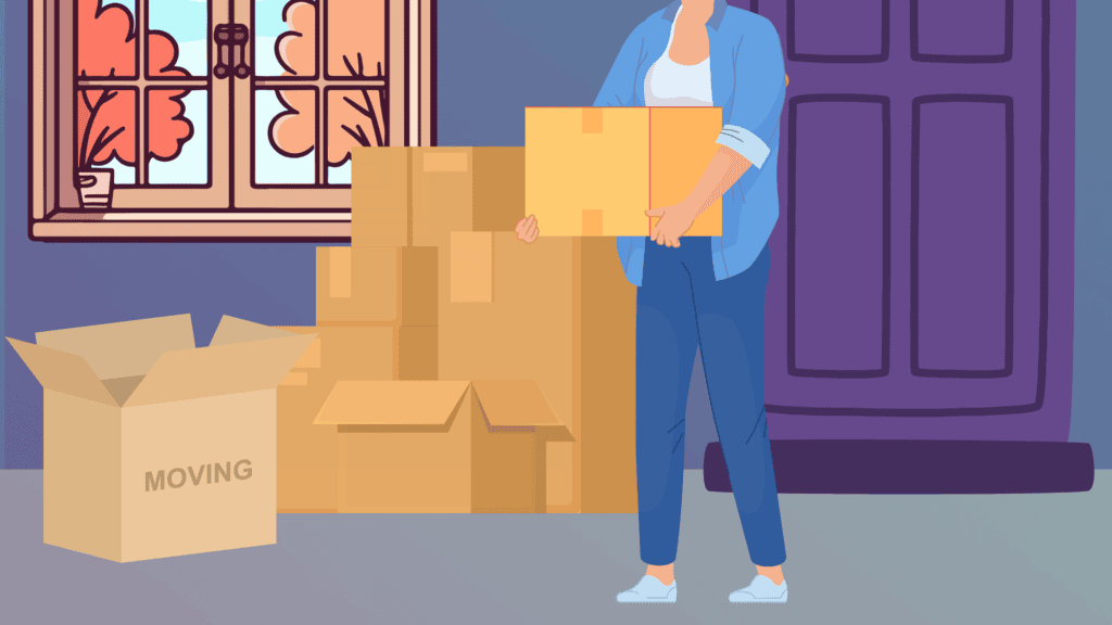 A person stands outside a house holding a cardboard box, surrounded by several other moving boxes near a window and door.