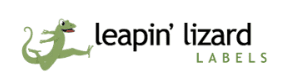 A green cartoon lizard to the left of the words "leapin' lizard LABELS" in black and green text, perfect for fundraising events near me.