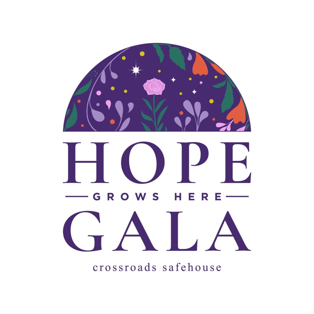 Logo for the Hope Gala by Crossroads Safehouse with floral artwork, a purple color scheme, and the phrase “Hope Grows Here.”.
