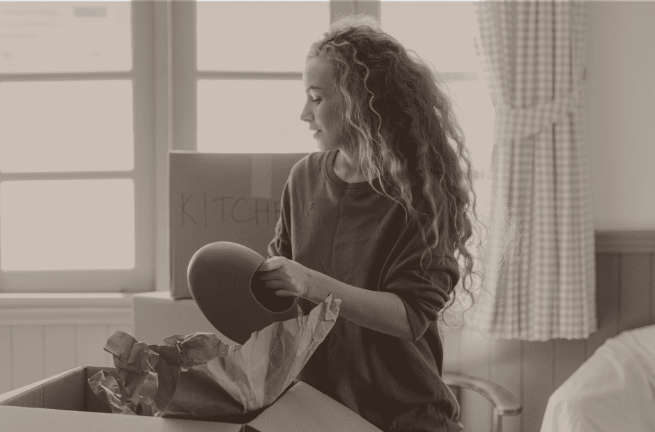 A woman with long curly hair unpacks a bowl from a cardboard box labeled "kitchen" in a sunlit room with checked curtains.