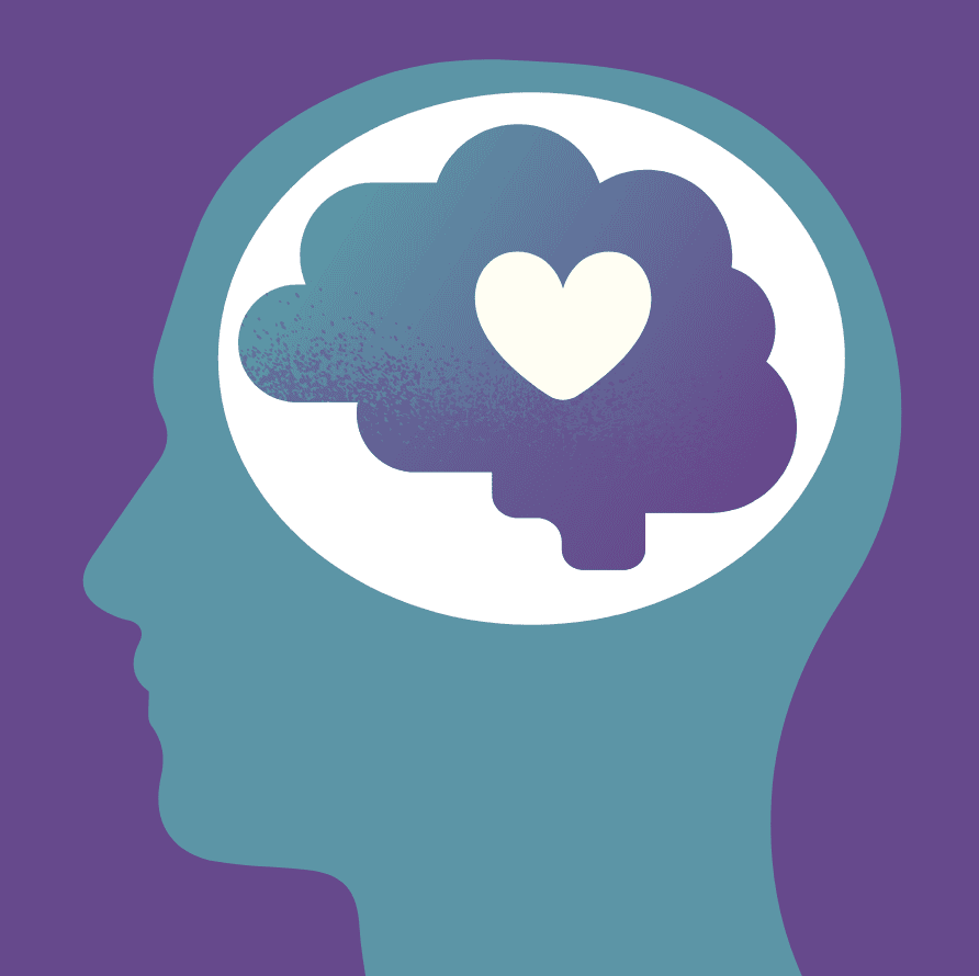 A silhouette of a head with a brain and a heart shape inside it, against a purple background, symbolizing mental and emotional health.