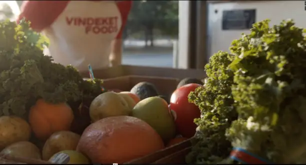 A box filled with assorted fresh fruits and vegetables sits on a table; a person in a "VINDEKIT FOOD" shirt stands in the background.