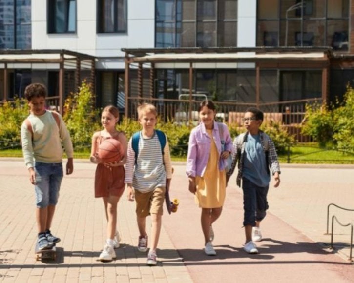Five children walk together outdoors near a modern building. One child is on a skateboard, another carries a basketball, and they all appear to be heading in the same direction.