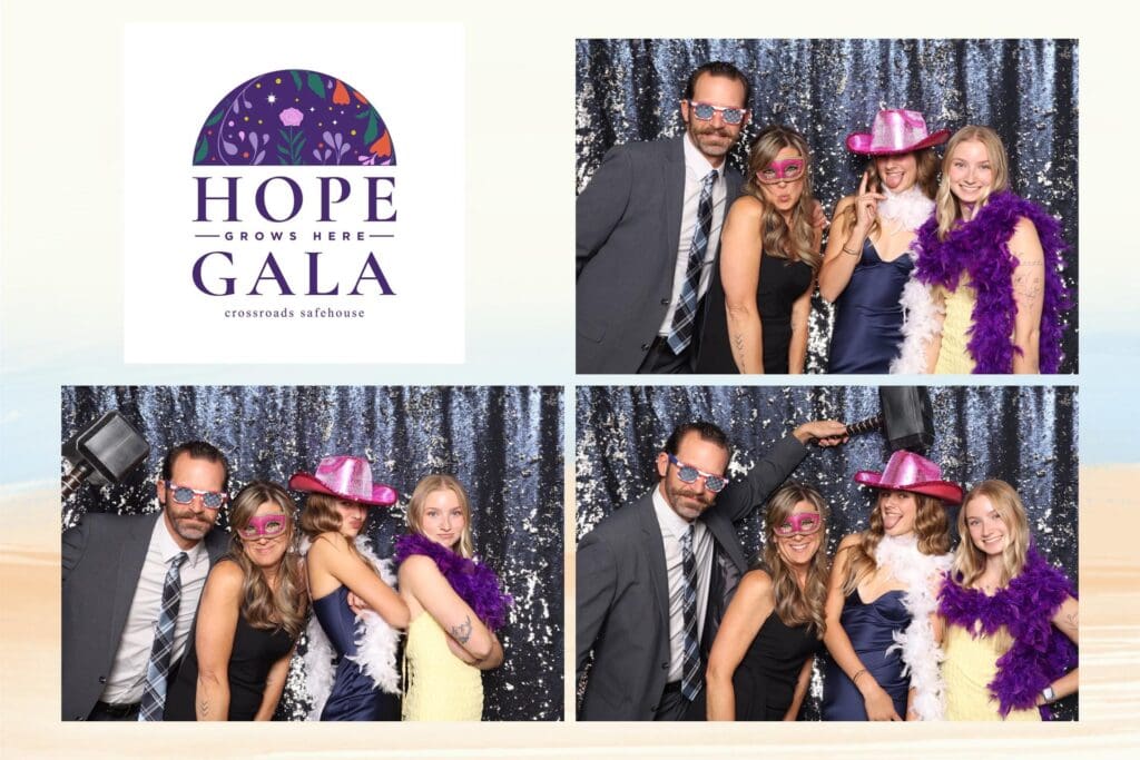 Four people pose in a photo booth with props and costumes at the Hope Grows Here Gala, with the event's logo shown in the top left corner.
