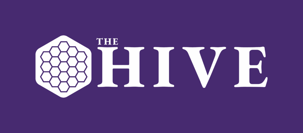 A purple sign with white text.