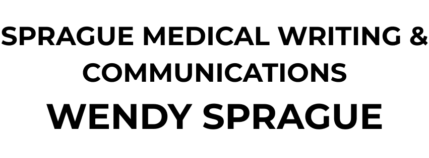 Text reads: "Sprague Medical Writing & Communications Wendy Sprague" in bold, black, all-caps font on a white background.