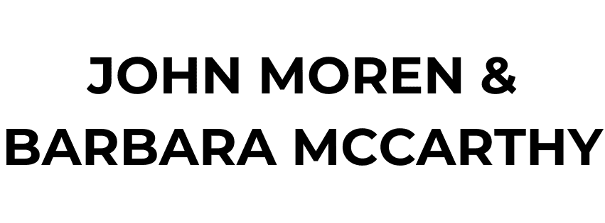 Text reads: "JOHN MOREN & BARBARA MCCARTHY" in bold, uppercase black letters on a white background.