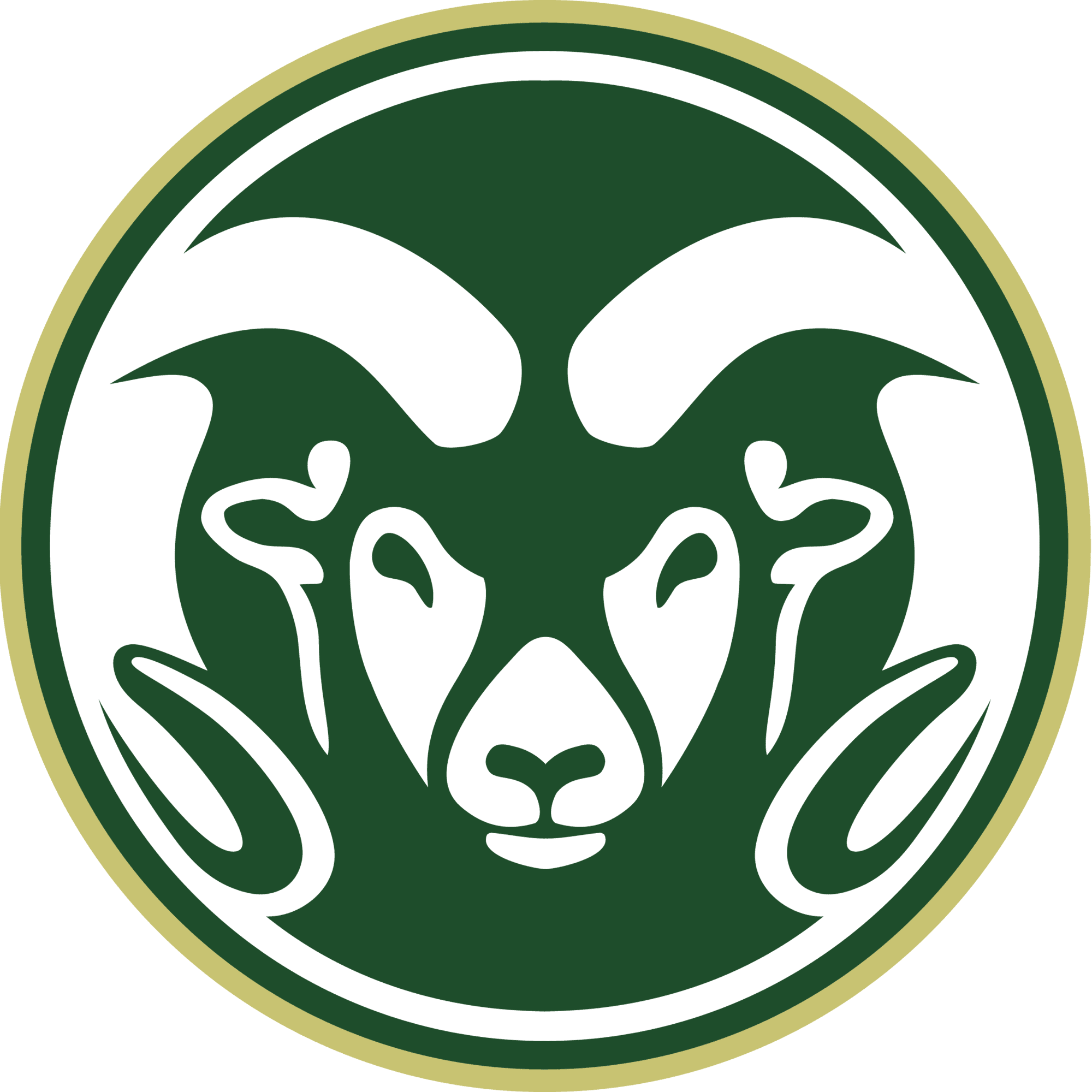 A stylized green and white ram's head logo inside a circular border with a thin gold outline.