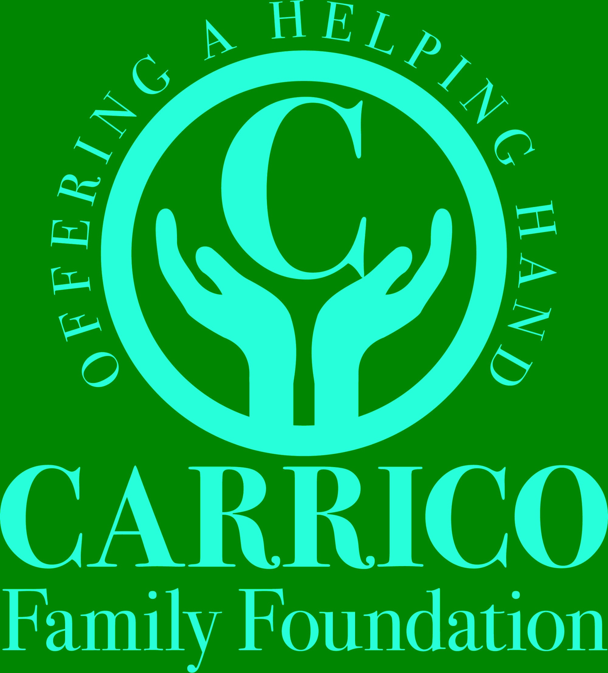 Carrico Family Foundation logo featuring two hands holding a large letter "C" in a blue oval, with the words "Offering a Helping Hand" above.