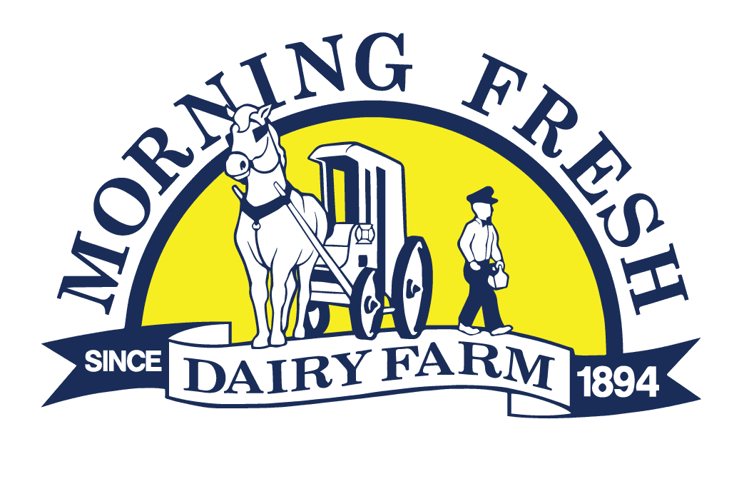 Logo of Morning Fresh Dairy Farm showing a horse and wagon with a person standing beside it, set against a yellow semicircle. Text reads "Morning Fresh Dairy Farm Since 1894.