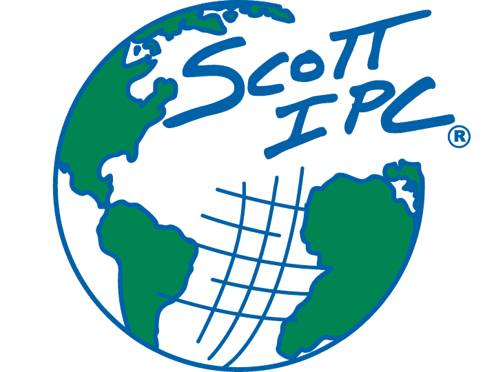 A stylized globe with green continents, blue water, grid lines, and the text “Scott IPC®” written across the top right in blue.