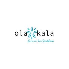 Ola Kala logo with turquoise floral design in the center and tagline "Born in the Caribbean" written below in cursive.