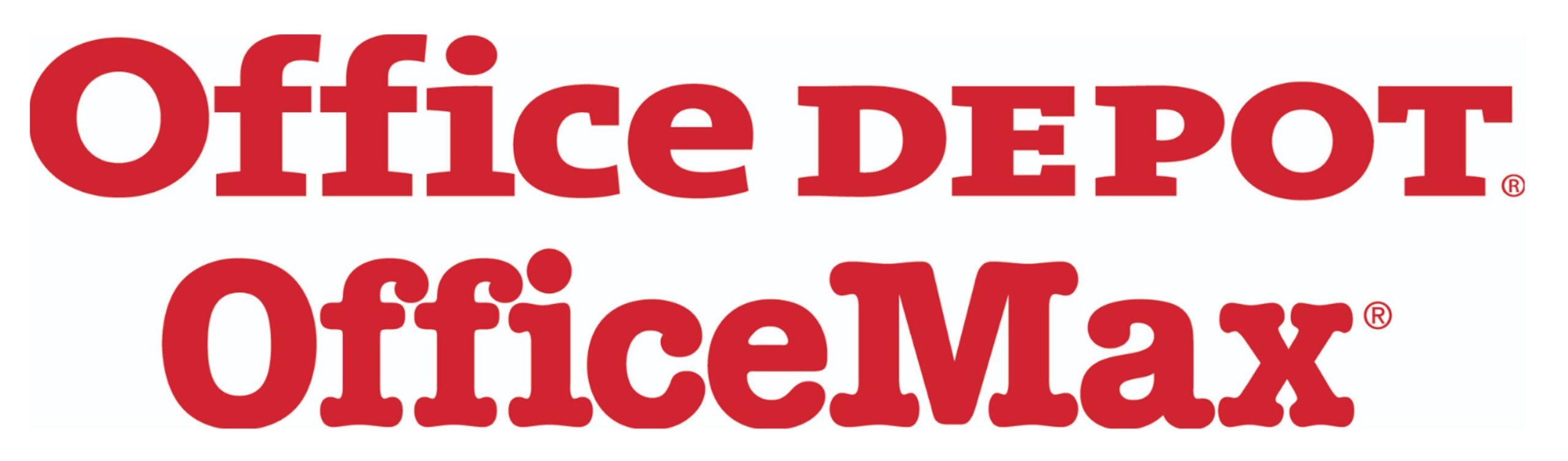 Logos for Office Depot and OfficeMax in bold red text on a white background.