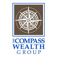 Logo for The Compass Wealth Group featuring a white compass design in a brown square above the company name in blue capital letters.