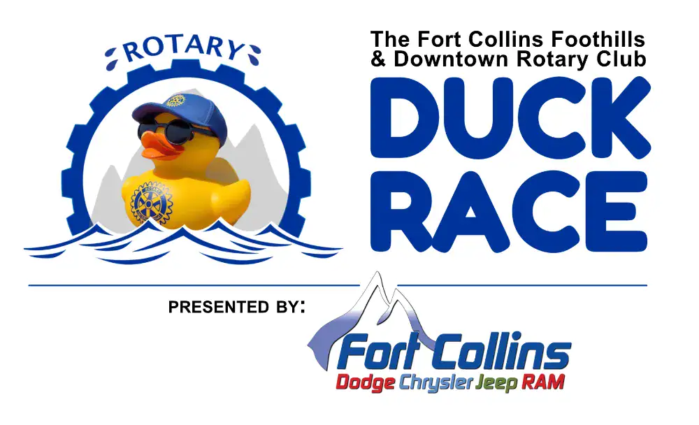Logo for the Fort Collins Rotary Duck Race featuring a rubber duck with sunglasses and a hat, along with event and sponsor text, including Fort Collins Dodge Chrysler Jeep Ram.