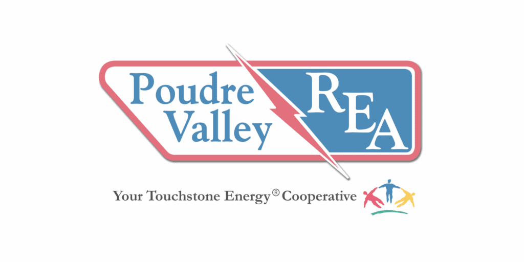 Poudre Valley REA logo with red and blue colors, a lightning bolt, and the tagline "Your Touchstone Energy Cooperative" below four stylized human figures.