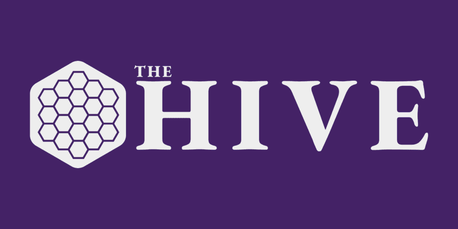A purple sign with white text.