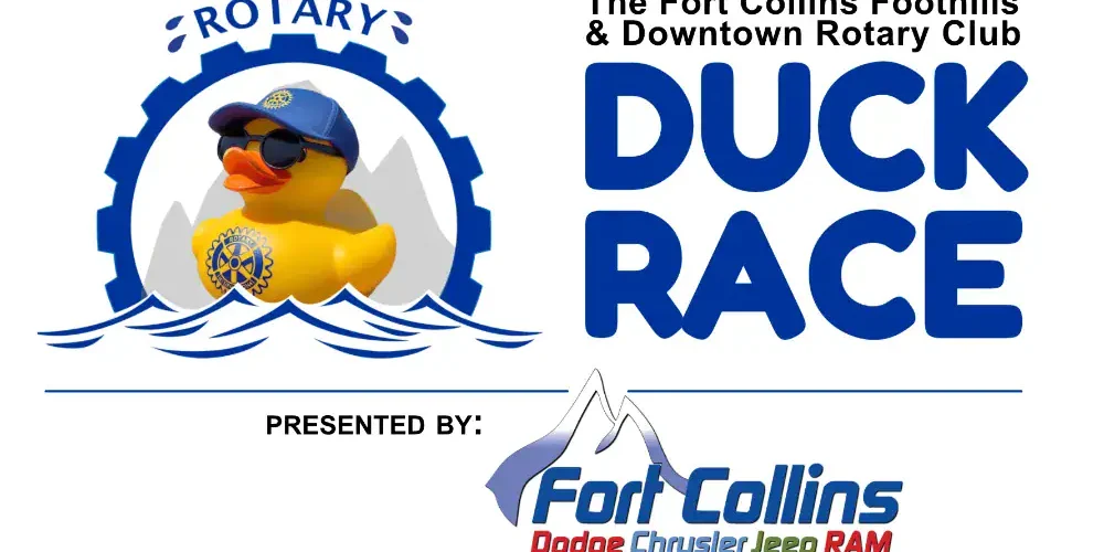 Logo for the Fort Collins Rotary Duck Race featuring a rubber duck with sunglasses and a hat, along with event and sponsor text, including Fort Collins Dodge Chrysler Jeep Ram.
